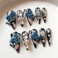 10pcs Handmade Press on Nails Long Stiletto False Nails Black Fake Nails with 3D Blue Flower Rhinestones Bow Designs Sparkly Charm luxury Artificial Nails Reusable for Women (Size M）