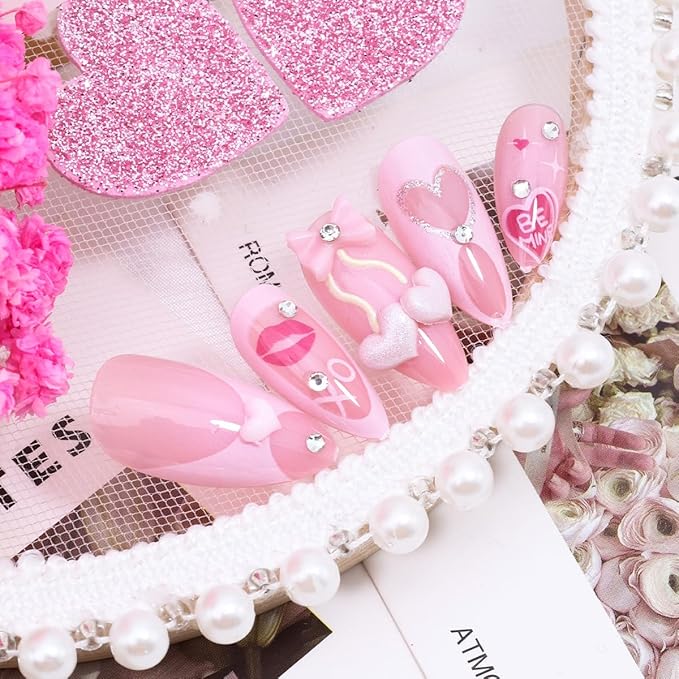 24Pcs Valentines Press on Nails Medium Almond Fake Nails with 3D Rhinestones Design Lip Heart Glue on Nails Cute Bow False Nails Glossy Full Cover Pink Acrylic Nails for Women Valentines Manicure