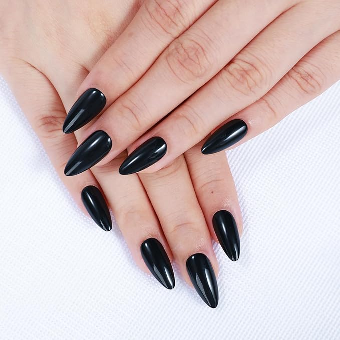 Rnker Press On Nails - Black, Almond Black Top gel Nails with Bright Finish, 15 Sizes - 30 Nail Kit with Glue