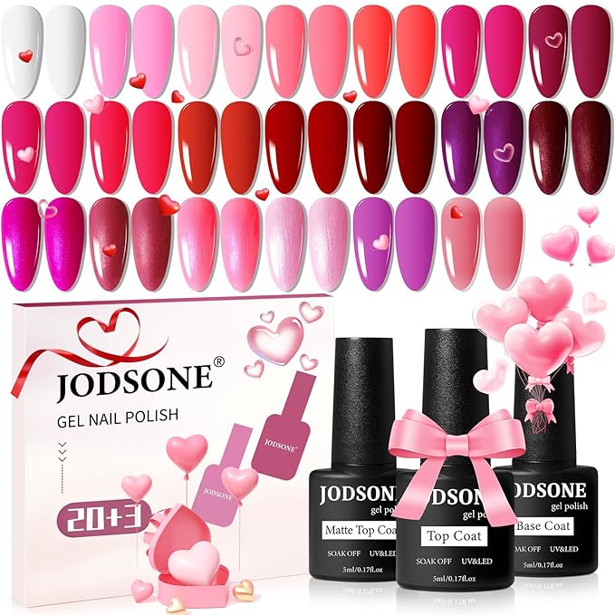 JODSONE 23 PCS Glitter Gel Polish with Soak off Base Coat Matte and Glossy Top Coat Glitter 2026 Valentine's Day Red Pink Color High Shine and Fashion Gel Nail Polish Kit