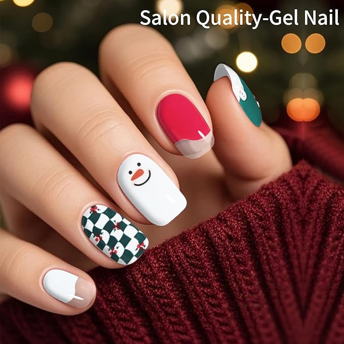 Christmas Semi Cured Gel Nail Strips, 28 pcs Gel Nail Stickers Christmas Tree Snowman Work with Any UV Lamps, Long-Lasting Nail Art Wraps Polish Elk, Salon-Quality, Easy to Apply