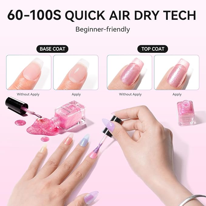 Quick Air Dry Nail Polish, 16 Colors Holographic Nude Peach Pink Blue Green Jelly Glitter Sparkle Regular Nail Polish with Clear Base Top Coat & Remover Pads, Hema-free, Non Gel,
