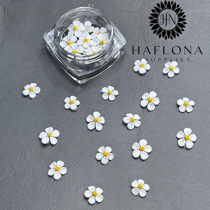 Set 30Pcs White 3D Flowers for Nails, Handmade 3D Acrylic Flowers for Nails, Flower Nail Charms Rhinestones Gems by Acrylic Powder Design Deco Nail Art Women Girls (White+Yellow pistil-30Pcs)