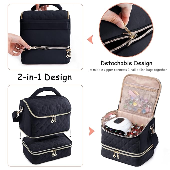 2-in-1 Nail Polish Organizer Case – Holds 48 Bottles, Nail Supplies & Manicure Tools – Portable Nail Tech Storage Bag with Removable Slots, Travel Nail Kit Carrying Case