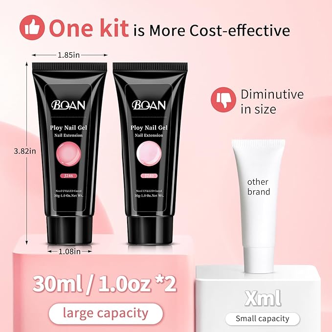 BQAN Poly Nail Gel, 2 Jelly Colors Poly Extension Gel (30ml) with Slip Solution & Brush | Non-Lifting Low Odor | for Nail Builder Pro Salon & Home DIY - Jelly Light Pink, 1 Oz/Pack (Pack of 2)