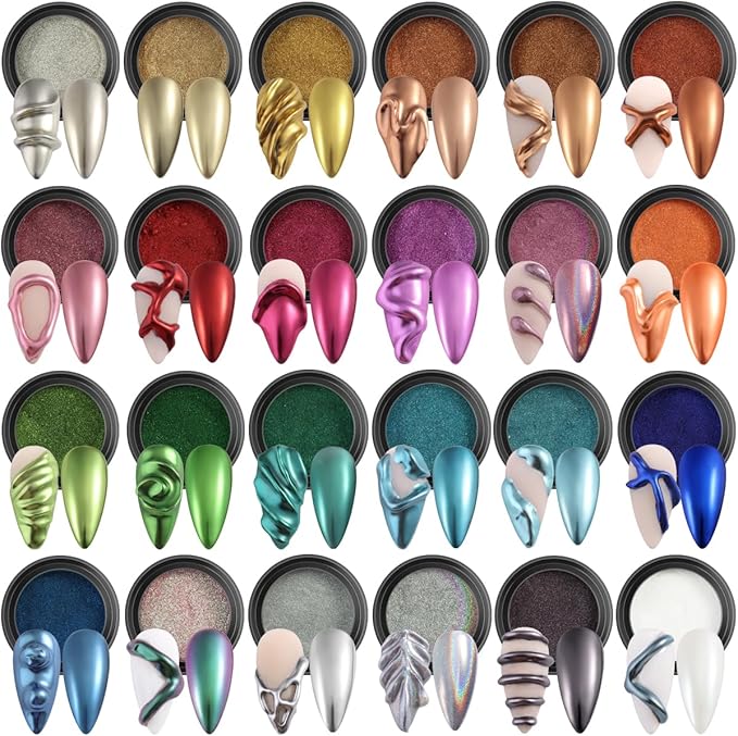 24 Colors Chrome Nail Powder Set Metallic Mirror Effect Gold Silver Pink Chrome Nail Powder White Pearl Iridescent Multi Chrome Powder for Nails Chameleon Rubbing Pigment Manicure Supplies