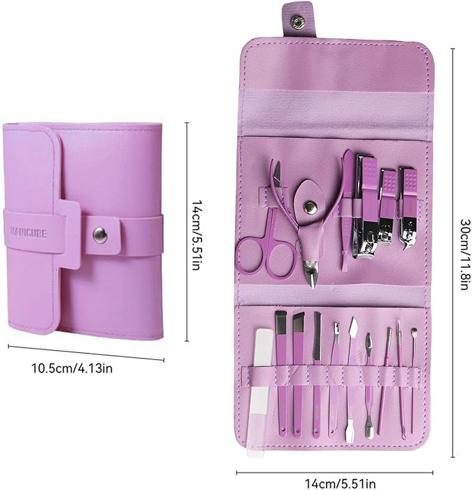 Manicure Pedicure Kit, Purple, Stainless Steel, 18-Piece Set with Portable Travel Case, Nail Clippers, Scissors, Cuticle Tools