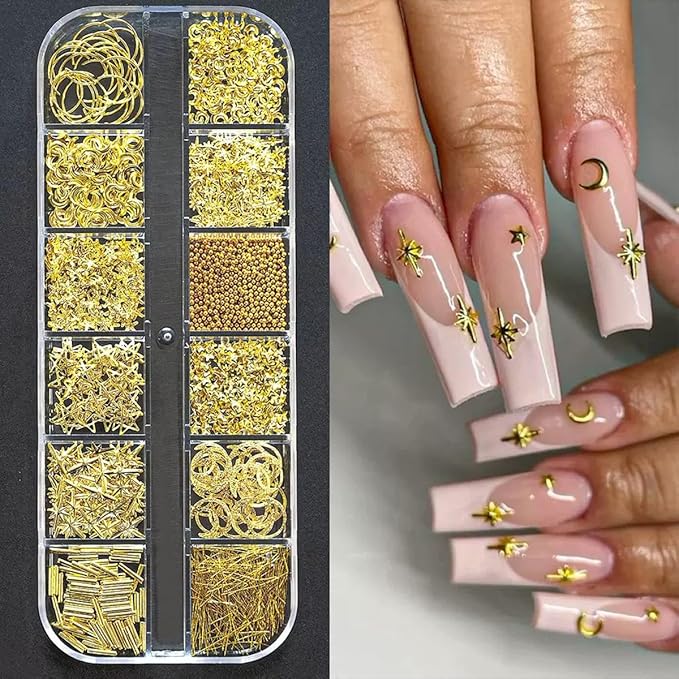 Gold Nail Charms Nail Art Kit with 30 Sheets Gold Nail Stickers 3D Star Moon Nail Charms Self-Adhesive Nail Decals Gold Nail Art Tools Kit Nail Supplies for Women Nails Manicure Nail Art Decoration