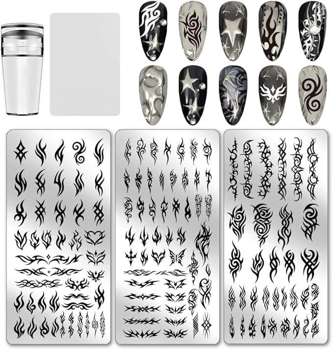 PH PandaHall 3pcs Tribal Style Nail Stamping Plates Swirl Pattern Nail Art Stencil Gothic Manicure Art Templates Flame Butterfly Nails Stamper Plate for Women DIY Manicures Salon Design Printing
