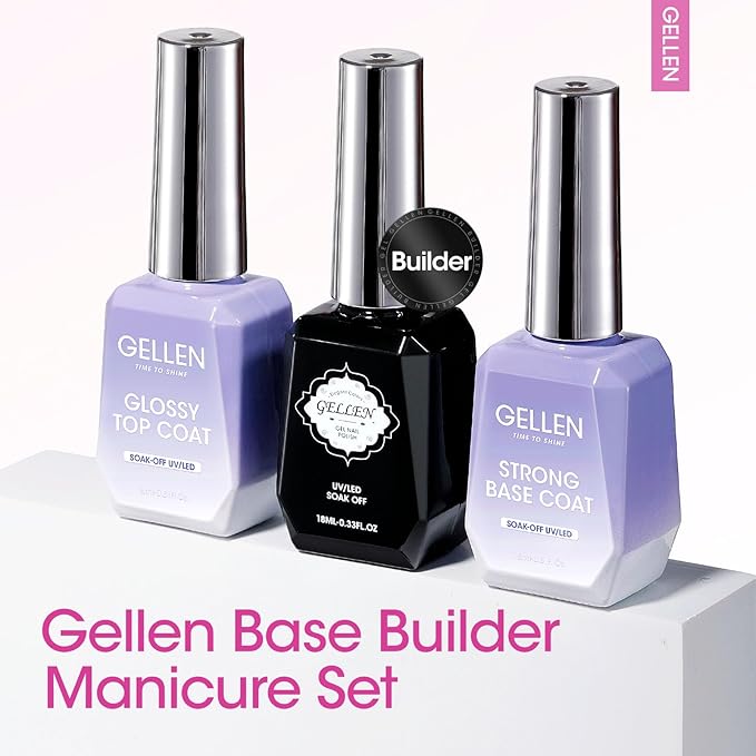 GELLEN Builder Nail Gel with Gel Top Coat Base Coat, 3 Pcs 18ml Top Coat Nail Polish Set, Soak Off Hard Builder in A Bottle for Nail Extension Strengthen Manicure Salon at Home