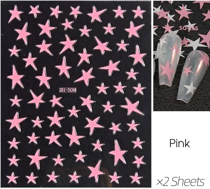 14 Sheets Star Nail Art Stickers, 7 Colors 3D Self-Adhesive Nail Decals with Gold Silver Black White Blue Pink Holographic Stars, 4th of July DIY Manicure Accessories for Women & Girls