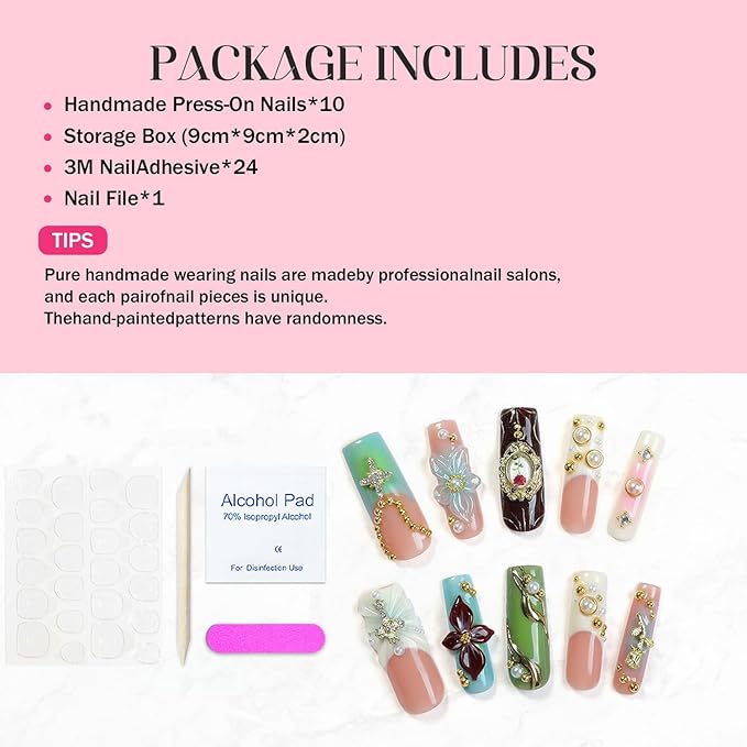 Handmade Press on Nails Long Square Fake Nails Luxury Pearl Rhinestone & 3D Flower Art Designs Salon Quality Acrylic Nails French Tip Gold Rose Steel Ball False Nails Stick on Nail for Women（Size M)