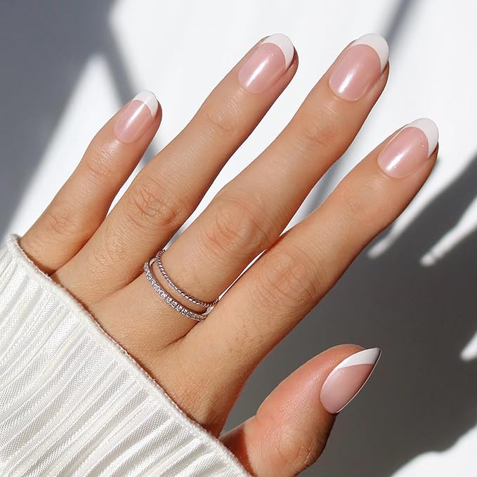 Glamnetic Press On Nails - She's A Pearl | Short Round White French Tip Fake Nails, Salon Quality French Manicure | 12 Sizes - 30 Nail Kit with Glue