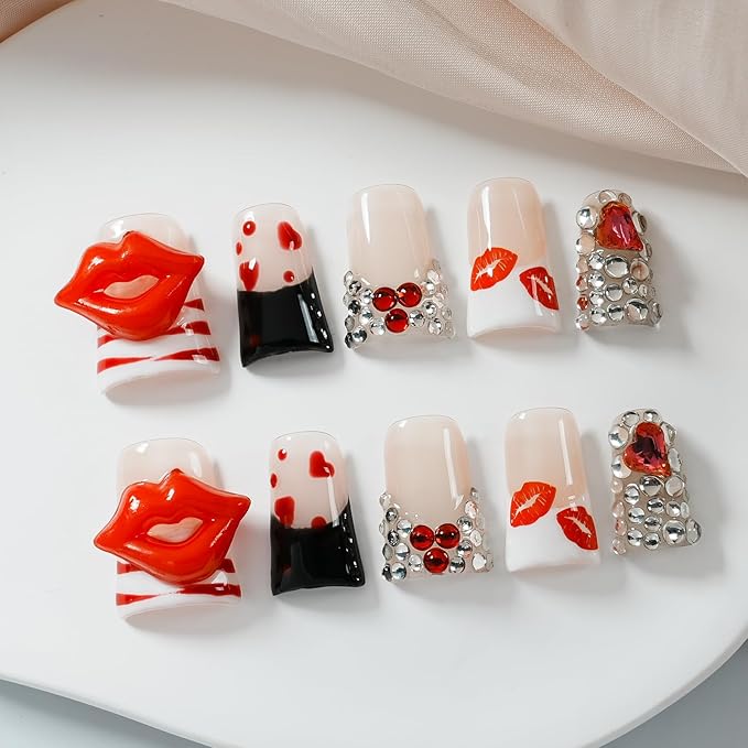 Press On Nails Handmade Short Duckbill Nails, 3D Red Lips, Heart & Bling Rhinestone Nails, French Tip Art Designs Reusable Acrylic Artificial Stick On Nails (Red Lip Passionate Heart,L)