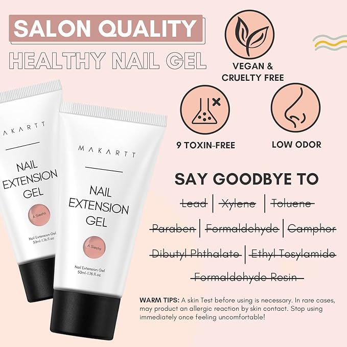 Makartt Nude Nail Extension Gel Kit – 50ML Siesta Natural Builder Gel with No Wipe Top Coat, Soak-Off UV LED Set for Spring & Summer Nail Designs