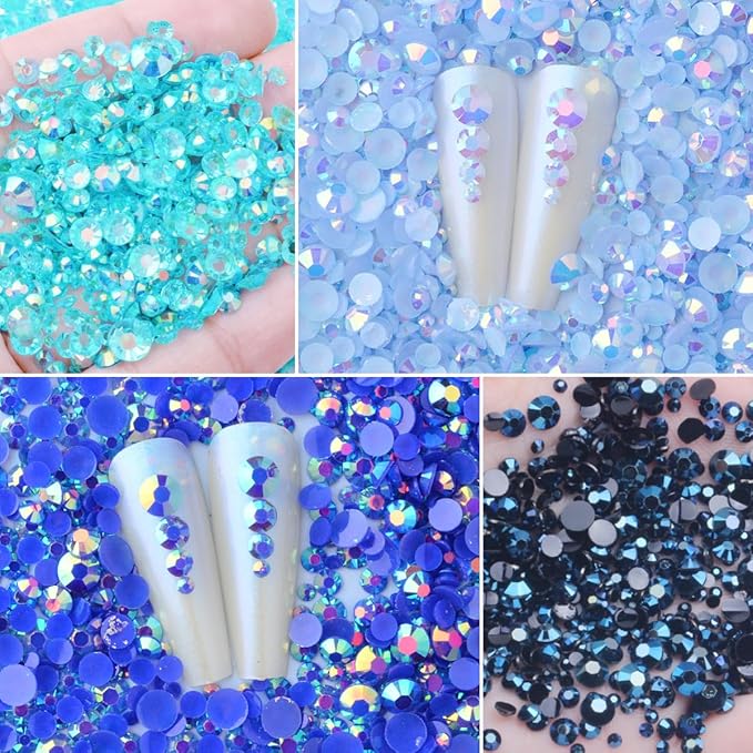 5 Boxes 12420pcs Sparkling Crystal Nail Rhinestones Kit, Flatback Multicolor Transparent Jelly AB Mermaid Gems with Pick Up Pen and Curved Tweezers for Manicure Salon & Craft DIY Designs (Blue)