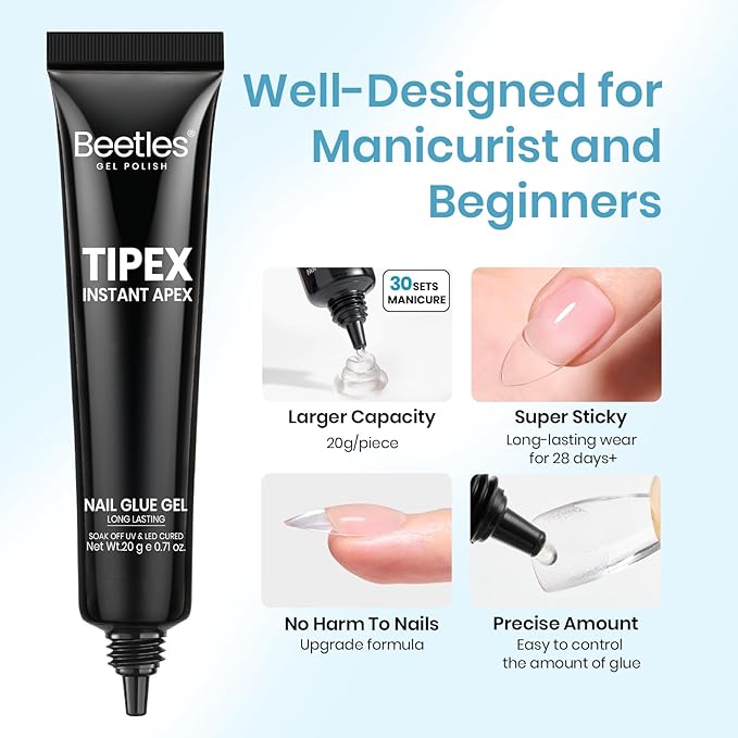 Beetles Tipex Nail Glue Gel 20g, Solid UV Nail Glue for Tipex Instant Apex Nail Tips, No Hand-Hold Needed, Strong Hold 28+ Days, Bubble-Free Adhesion, Beginner-Friendly Soak Off Nail Extension Glue