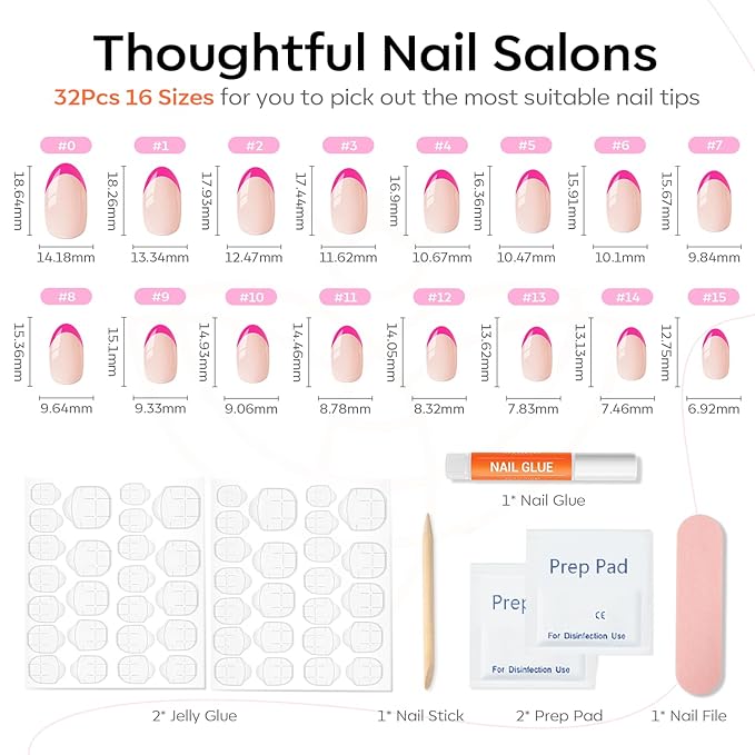 Modelones French Tip Press on Nails Short, Oval Fake Nails, Reusable Nail Kit with Nail Glue Adhesive Tabs Mini Nail File, Nails Press Ons 32Pcs 16Sizes, Women Girl Gift, Hot Pink, Spring