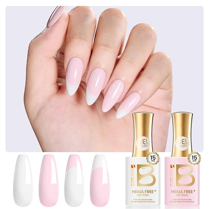 Beetles French Tip Gel Polish - Blush Moonlight 15ML with French Tip Stickers, Hema Free White Light Pink Gel Nail Polish, Same Color Bottle, Soak Off UV LED Lamp French Nails Art for Spring Nails