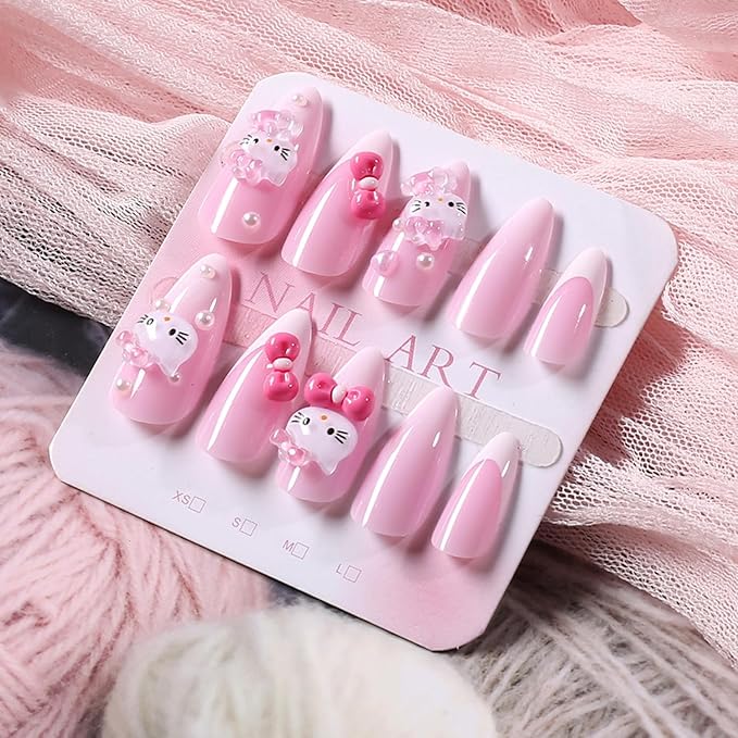 French Tip Press on Nails Medium Almond Cute Cat Fake Nails with 3D Pearl Designs Pink Bow False Nails Cartoon Stick on Nails Full Cover Artificial Acrylic Nails Fashion Fingernails for Women 24pcs