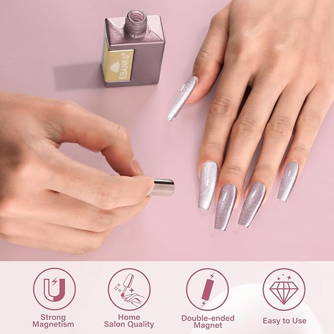 EBANKU Cat Eye Gel Nail Polish, 15ml Glitter Holographic Nail Polish with Magnet, Reflective Translucent UV Gel Polish Salon DIY at Home(Purple)