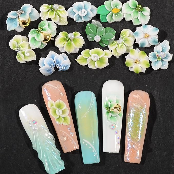 30PCS 3D Handmade Flower Nail Art Charms Advanced Handcrafted Cherry Blossom Flower Colorful Sculpted Floral Nails with Rhinestone Caviar Beads Design for Women Profession Nail Art Craft Jewelry