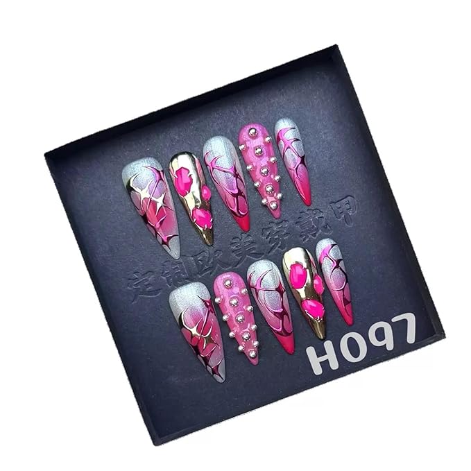 Handmade Press on Nails Long Stiletto Fake Nails Ombre Red False Nails Silver Foil Rhinestone Glue on Nails Reusable Full Cover Halloween Nail for Women Girls Manicure 10PCS Size L