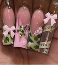 Press on Nails Square - Extra Long Fake Nails with 3D Bows and Flowers, Green French Tips Pink False Nail with Glue Sticker, Stick On Nails for Women, 12 Sizes - 24 Nail Kit, Moss Camo