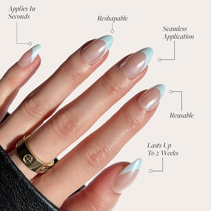 Glamnetic Press On Nails - Blueberry Icing Fake Nails | Short Almond Baby Blue French Tip Nails with a Glaze Finish | 15 Sizes - 30 Nail Kit with Glue