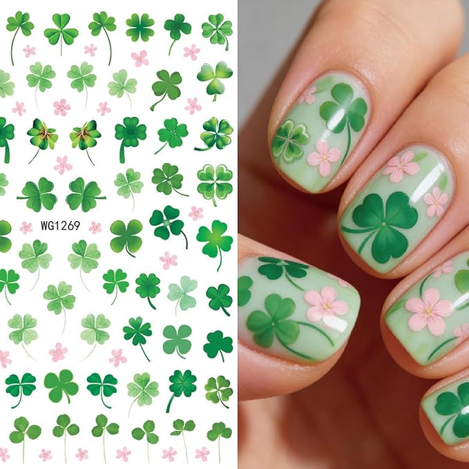 St Patricks Day Shamrock Nail Art Stickers Lucky Four-Leaf Clover Nail Decals Charms 3D Self-Adhesive St. Patrick's Day DIY Date Nail Supplies Decorations for Women Girls 10 Sheets