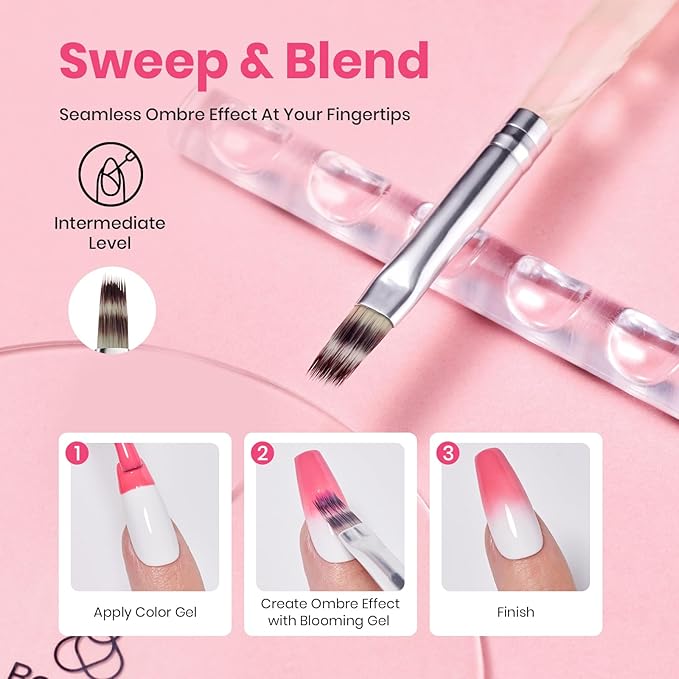 Beetles Blooming Gel, White Gel Nail Polish, Nail Art Brushes Set - Ombre Nails Brush Gradient Clean Up Fingernail Art Pens and Silicone Dotting Tool for Marble Blush Chrome DIY Manicure Designs