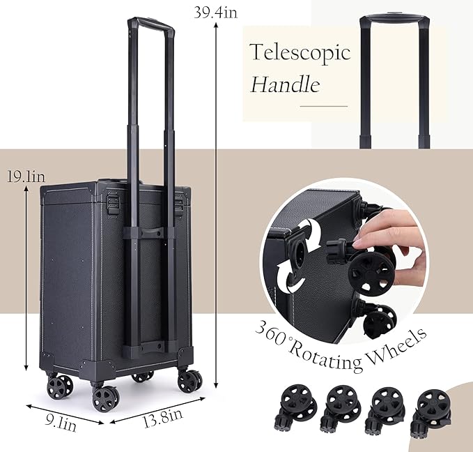 Frenessa Rolling Nail Case - Wheeled Vegan Leather Manicure Storage Organizer for Nail Technicians, Cosmetologists, and Stylists