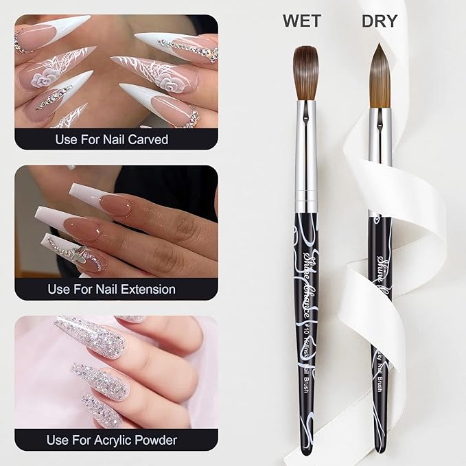 Acrylic Nail Art Brush Size 10, 100% Pure Kolinsky Hair Oval for Application, Professional Extension Manicure Tool Striping Drawing Pen DIY Home Salon, Black, 1.0 Count