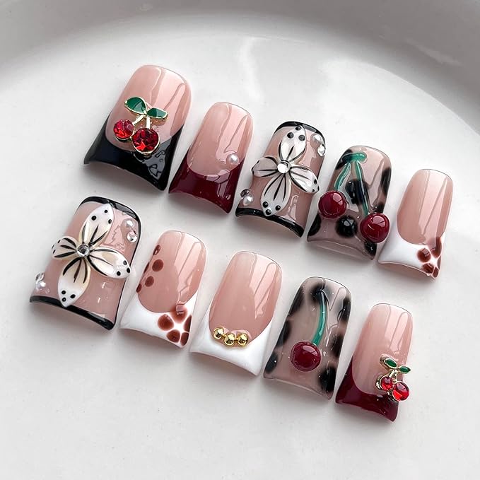 French Tip Press on Nails Handmade Short Duck 3D Floral Thick Acrylic Nails False Nails with Flower Rhinestones Pearls Cherry Tortie Designs Glossy Fake Nail Sturdy Art Press on Nail 10Pcs(S)