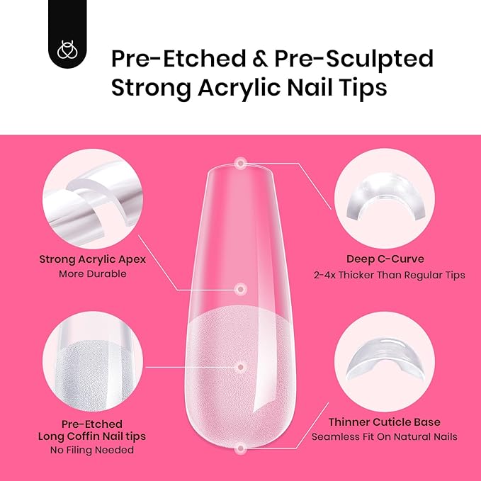 Beetles Tipex Instant Apex Nail Tips Kit, Coffin Long 224Pcs 16 Sizes Pre-Building & Pre-Etched Thicker Acrylic Nails False Nail Extension with Tipex Nail Glue Mini Nail Lamp