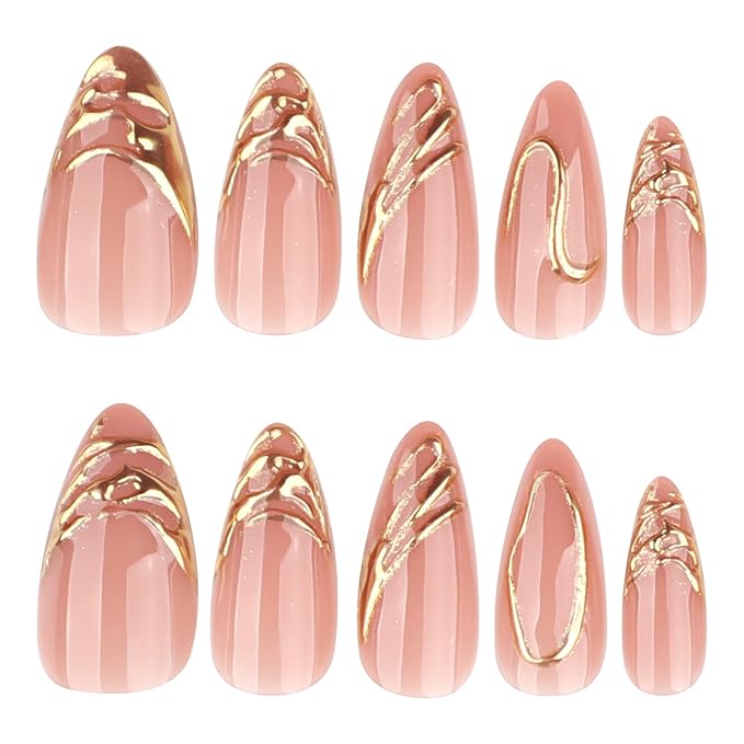 Press on Nails Almond - Medium Fake Nails with Gold Stripes Design - Golden Full Cover Stick on False Nails - for Women 24 Pcs