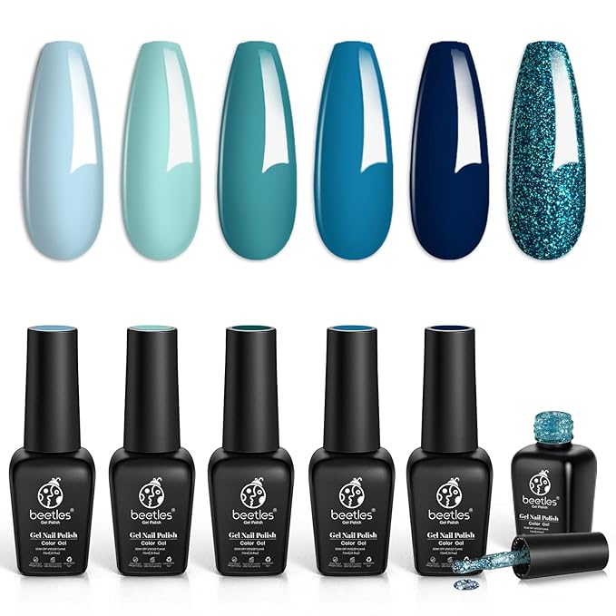 Beetles Blue Teal Gel Polish - Dark Navy Blue Colors Teal Turquoise Gel Nail Polish Jewel Tones Sparkle Nails Kit Nails Design Soak Off UV DIY Manicure Gift for Girls Women