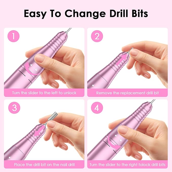 Professional Electric Nail Drill File, HUGMAPLE 45000RPM Portable E-File Machine with Bits & Base, Cordless Rechargeable Nail Drill Kit for Shaping, Removing & Polishing Gel Nails for Salon Home, Pink