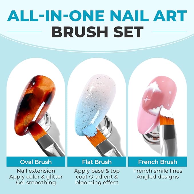 UNA GELLA Nail Art Brushes 6PCS Blue Color Nail Art Design Set with Nail Polish Extensions Gel Brush Christmas Liner Builder Nail Gel Pens Multi-Size Dotting Tools for DIY Home Salon Manicure Design