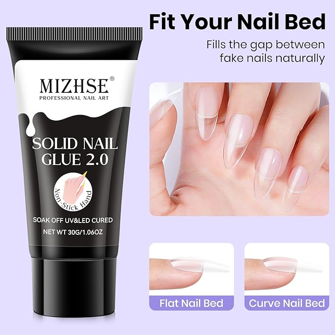 MIZHSE Solid Nail Glue, 30g Solid Nail Gel for Press on Nails, Super Strong Nail Gel Glue for Nail Tips, Acrylic Nails, Long Lasting Manicure DIY at Home, Cure Needed