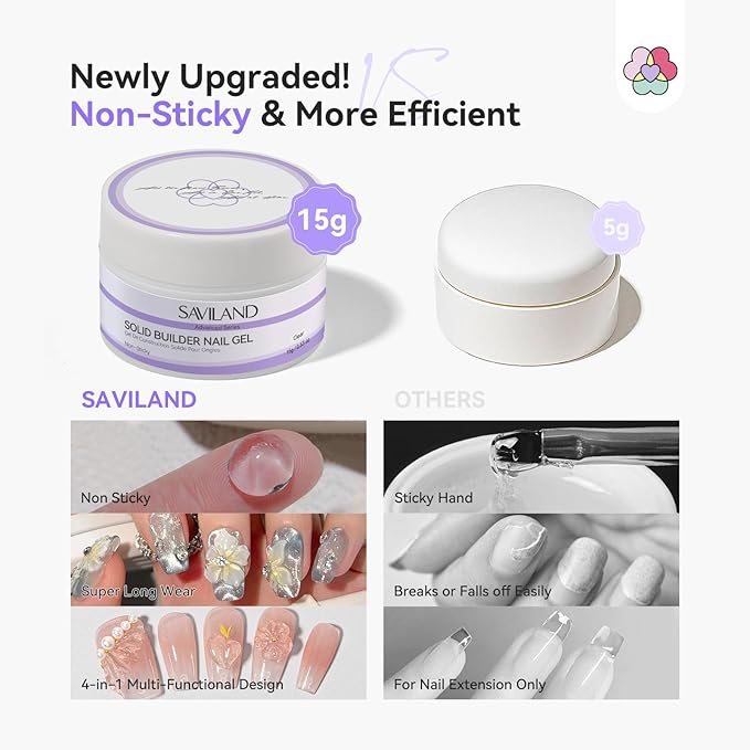 SAVILAND Advanced Solid Builder Nail Gels: Non-Stick 3D Nail Gel Clear Scluplting Gel for Nails Art 30 Days Long-Lasting 4-in-1 Function Extension Carving No Damaging DIY Salon 15g