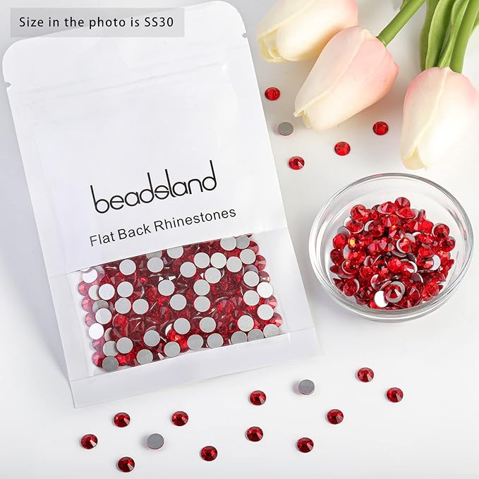 Beadsland 576pcs Flat Back Crystal Rhinestones Round Gems for Nail Art and Craft Glue Fix, Light Siam, SS30,6.3-6.5mm