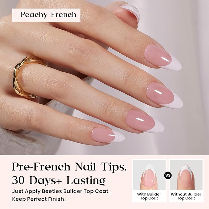 Beetles X Press Plus Gel Nails Kit - Peachy French | Pink Medium Almond French Tip Press On Nails | 210Pcs 15 Sizes All-in-One Kit With Nail Glue,Remover,Builder Top Coat,Nail Lamp Gift For Fall Nails