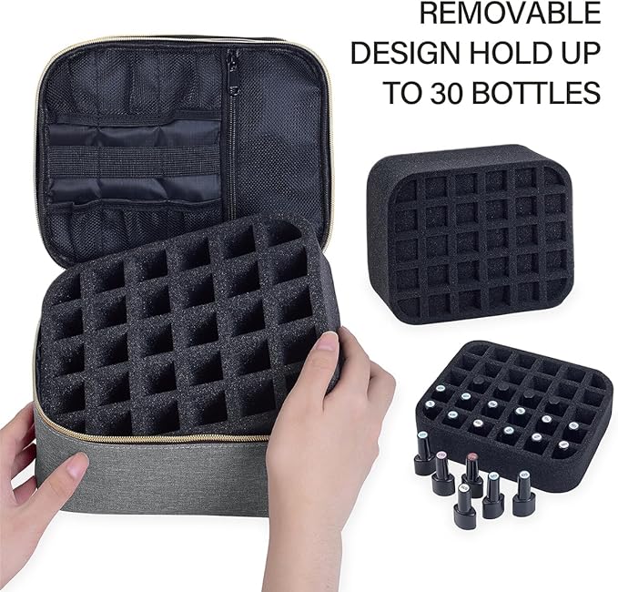 Nail Polish Organizer, Handheld Double Layer Nail Polish Storage with Adjustable Dividers, Holds 30 Bottles (15ml/0.5 fl.oz) for Nail Polish Lamp Manicure Tools and Essential Oil, Gray