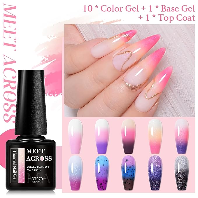MEET ACROSS 12PCS Thermal Nail Gel Polish Kit, Temperature Shiny Color Changing Gel Polish Set, Soak Off UV Sequins Mood Changing Gel Polish Nail Art DIY Salon Manicure Gifts