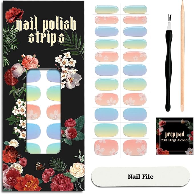 Nail Polish Strips (No UV Lamp Needed) - 22 Pcs Salon Quality Gel Nail Stickers - Long Lasting Wraps (Blue Orange Gilt Shine)