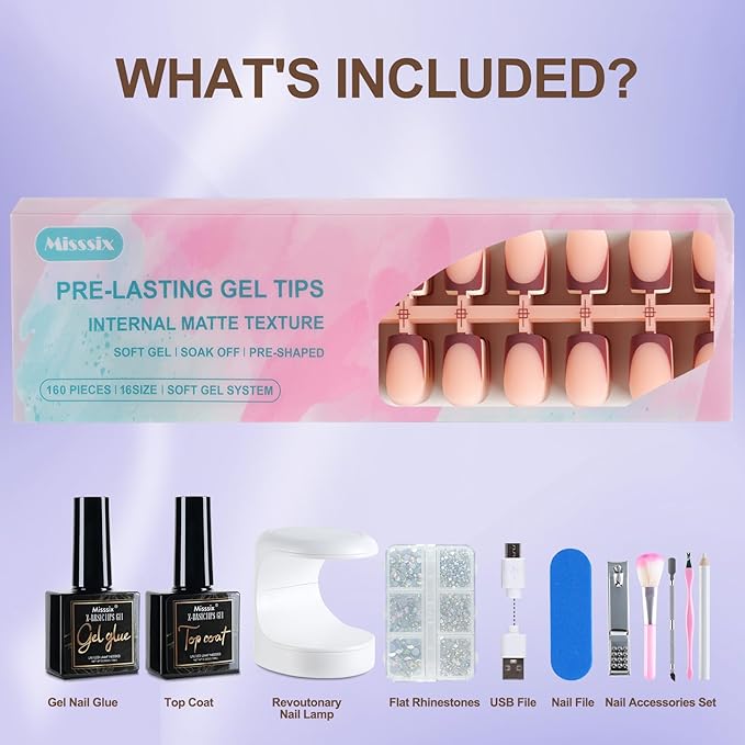 Misssix French Tip Press On Nails, 160Pcs French Gel Nail Tips Short Square, Soft Gel Fake Nails, X-BASIC Tips Starter Kit for Nail Art DIY 16 Sizes