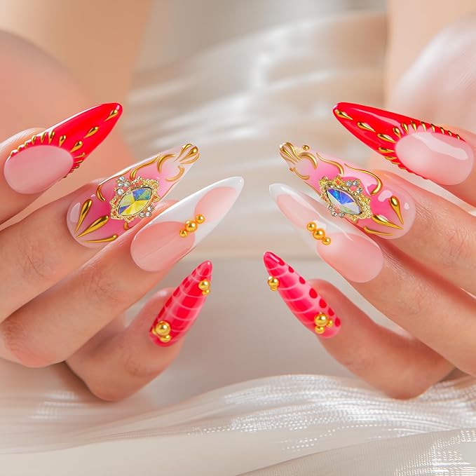 LOVFUL Short French Tip Press on Nails Royal Flame | Handmade Acrylic Press ons| Reusable Fake False Nails | Stiletto Classic Regular 1.3in | H703-S