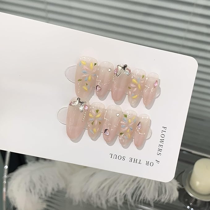French Pink Nails Handmade Press on Nails Short Almond Acrylic Nails Press Ons with Fireworks Flower Butterfly Chain Designs Reusable Cat Eye Artificial Fake Nails Full Cover Glossy(L)