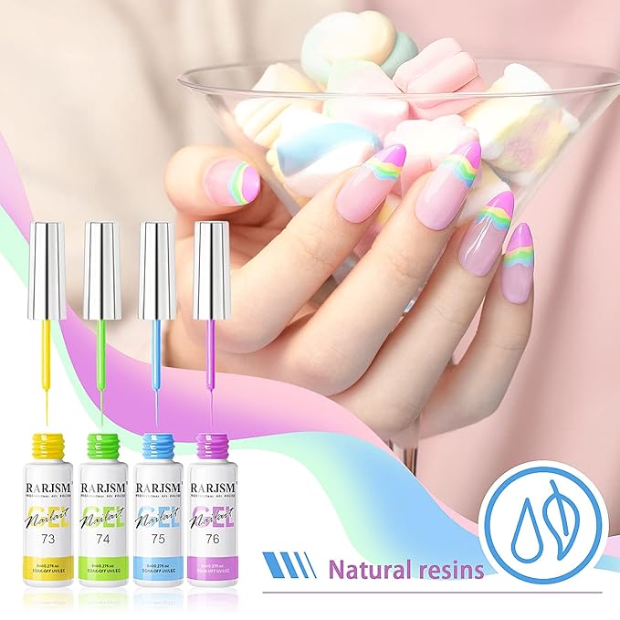 RARJSM Nail Art Liner Gel Polish 6pcs Set Marshmallow Pastel Yellow Green Blue Purple Orange Pink Spring Summer Colors Line Gel Painting for Nail Design Bulid in Thin Brush Curing Requires 8ml